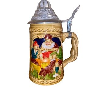 Vintage German Style Beer Stein Pewter Lid Dogs & People Scene Made in Taiwan “D